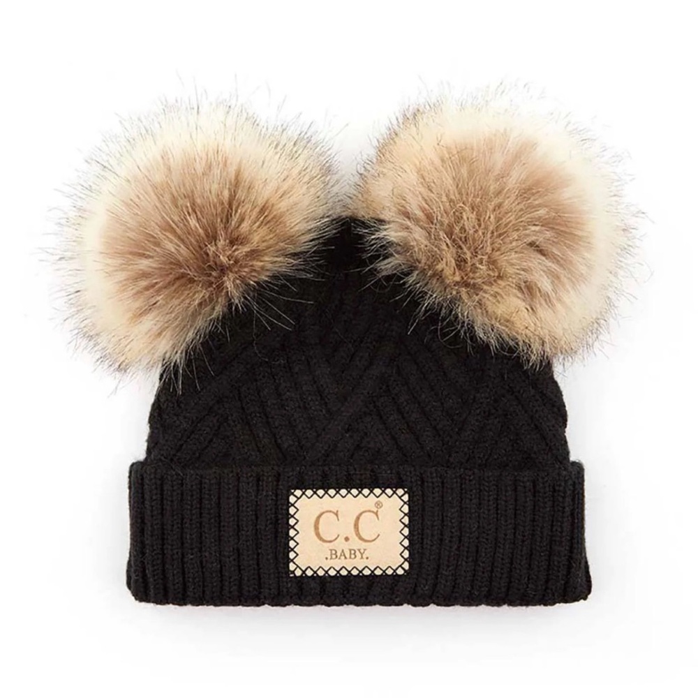 C.C Black Knit Hat with Tan Pom Poms - Picture 1 of 2